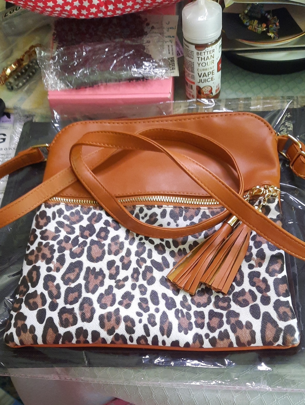 Leopard Print Crossbody with Tan Trim and Tassel